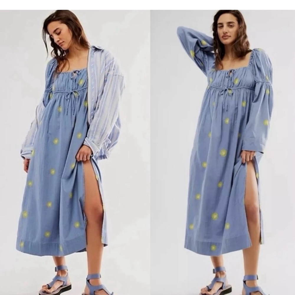 Free People Blue Midi Dress with Yellow Accents ~ New With Tags~ Size X-Small